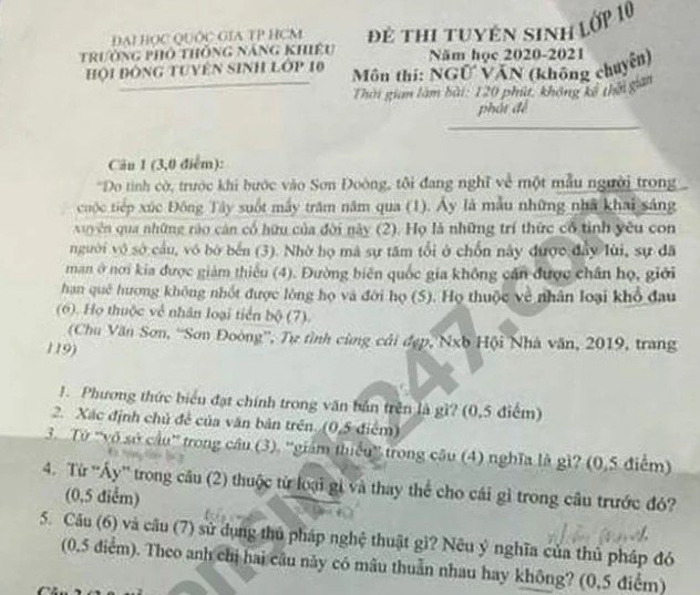 Đề thi tuyển sinh lớp 10 môn Văn năm 2020 TPHCM-1