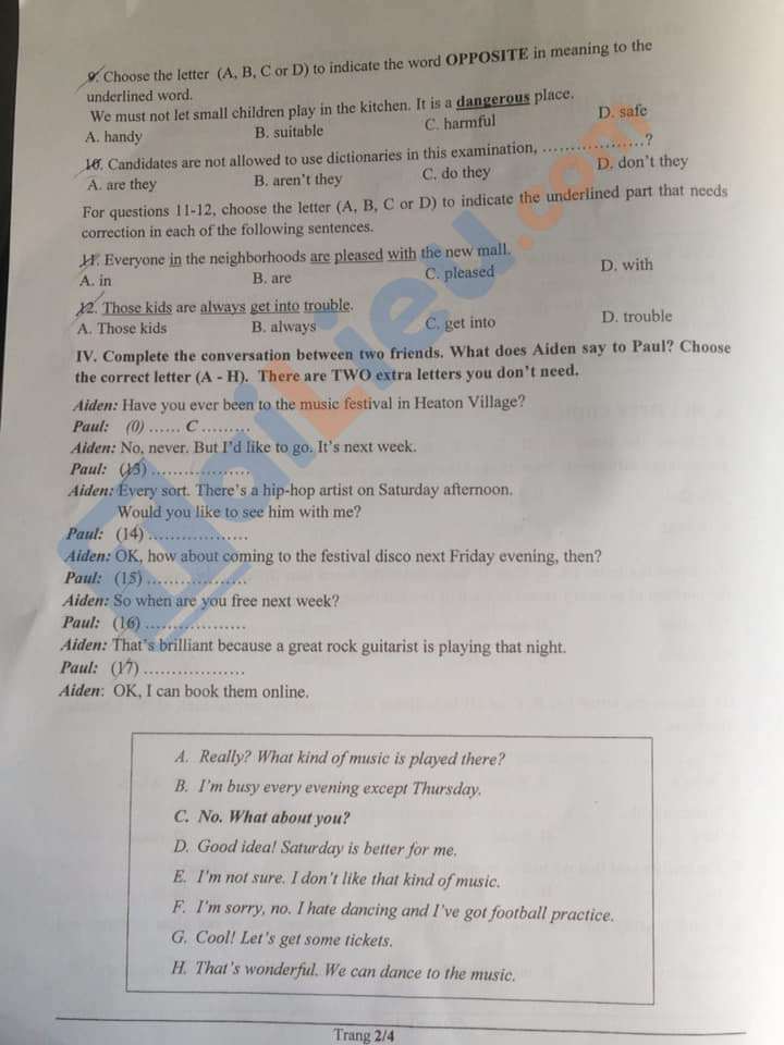 Đề thi vào lớp 10 môn tiếng Anh 2020 Đồng nai_2