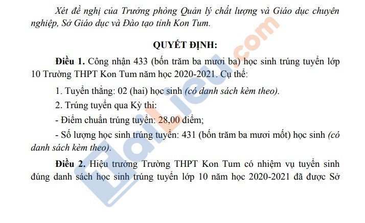 Quyết định công nhận học sinh trúng tuyển vào lớp 10 Trường THPT Kon Tum năm học 2020-2021