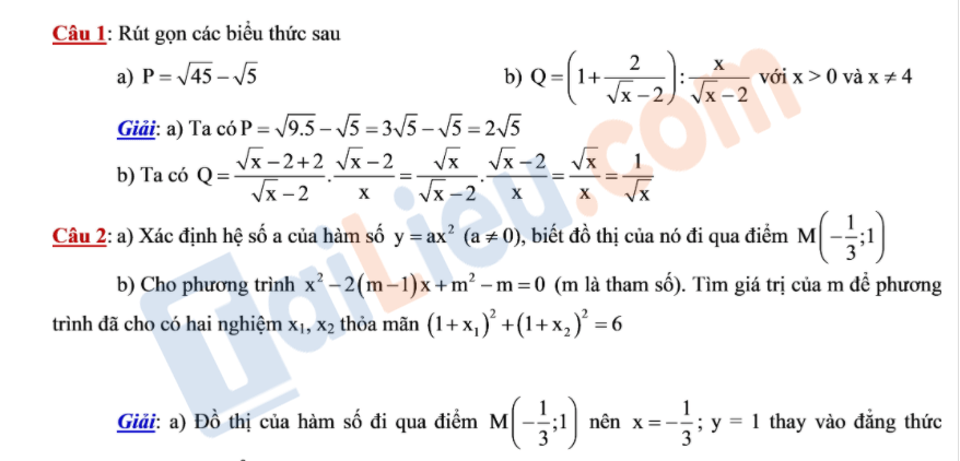 Đáp án đề thi vào 10 môn toán 2018 Hà Tĩnh