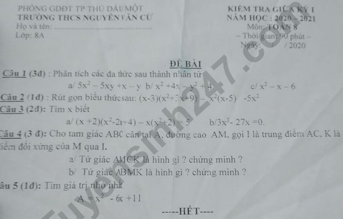Đề kiểm tra giữa kì 1 lớp 8 môn toán - THCS Nguyễn Văn Cừ