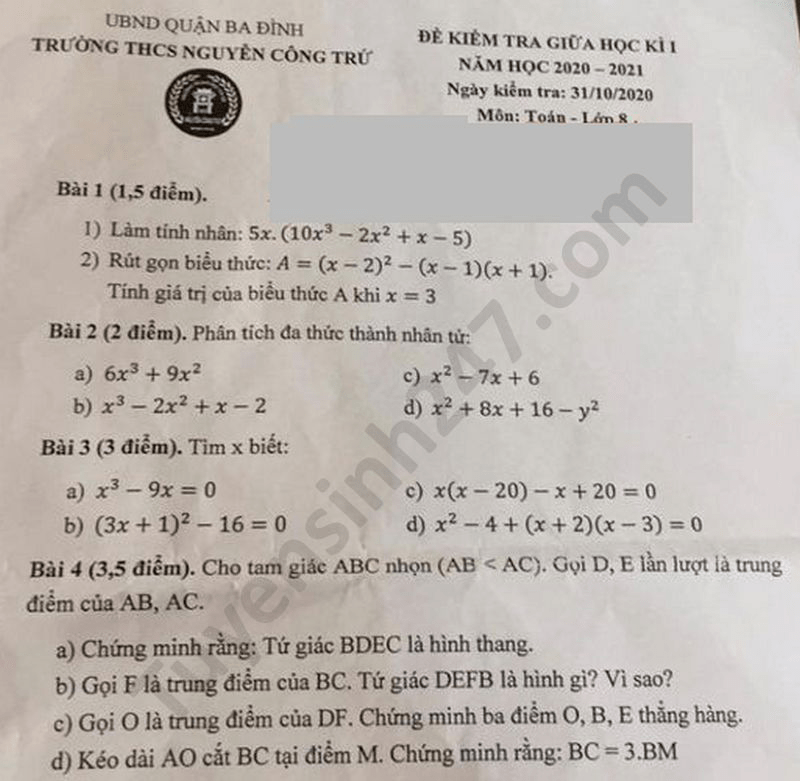 Đề thi giữa học kì 1 lớp 8 môn Toán 2020- THCS Nguyễn Công Trứ