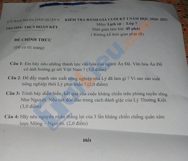 Đề Thi Lịch Sử Lớp 7 Hk 1 Thcs Đoàn Kết Năm 2020-2021