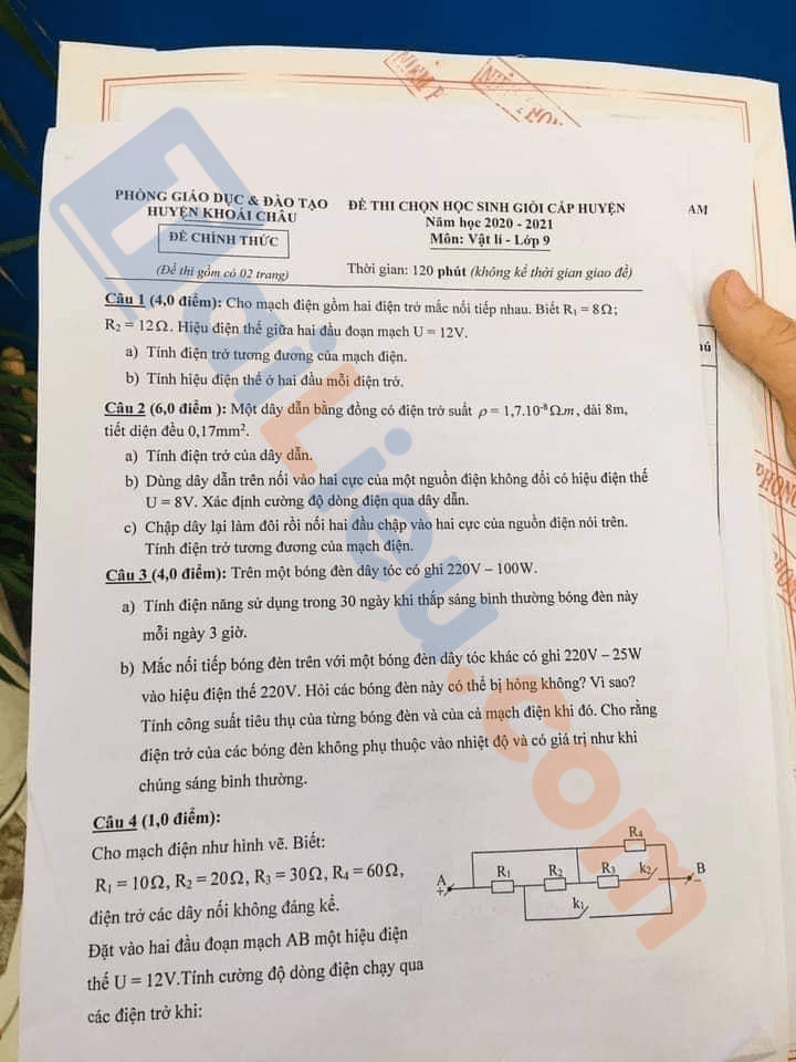 Đề thi HSG Lý 9 cấp huyện Khóa Châu tỉnh Hưng Yên 2020