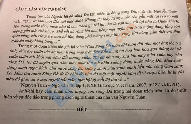 Đề thi HK 1 Ngữ Văn 12 THPT Phù Ninh 2020-2