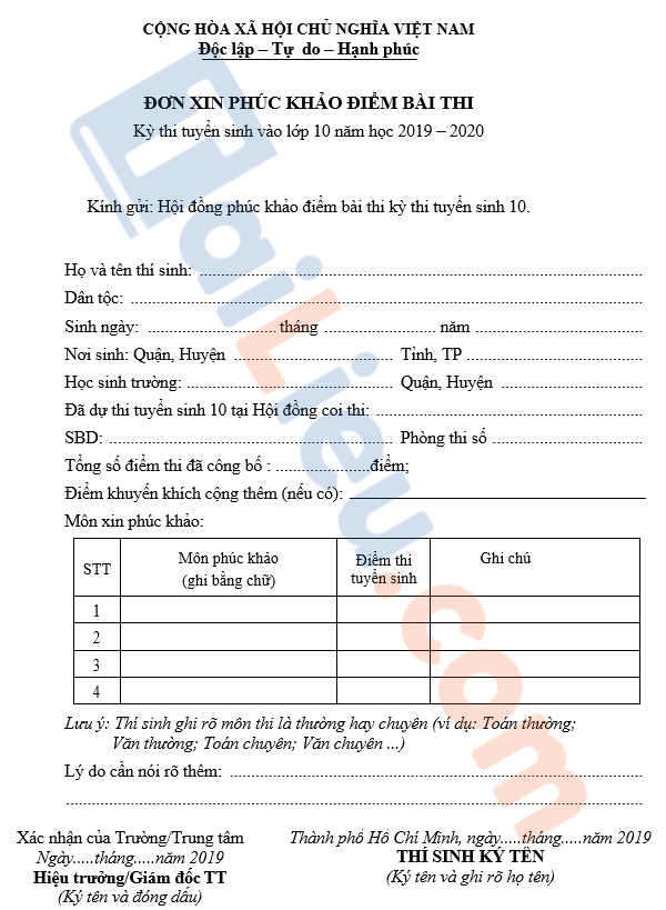 Đơn xin phúc khảo bài thi vào 10 chuẩn nhất 2021