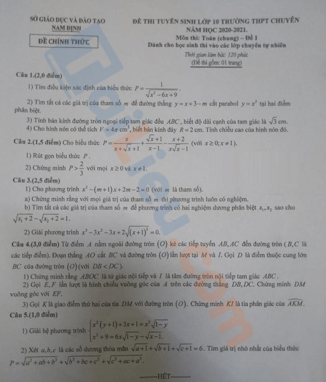 Đáp án đề thi tuyển sinh lớp 10 Toán THPT Lê Hồng Phong Nam Định 2020