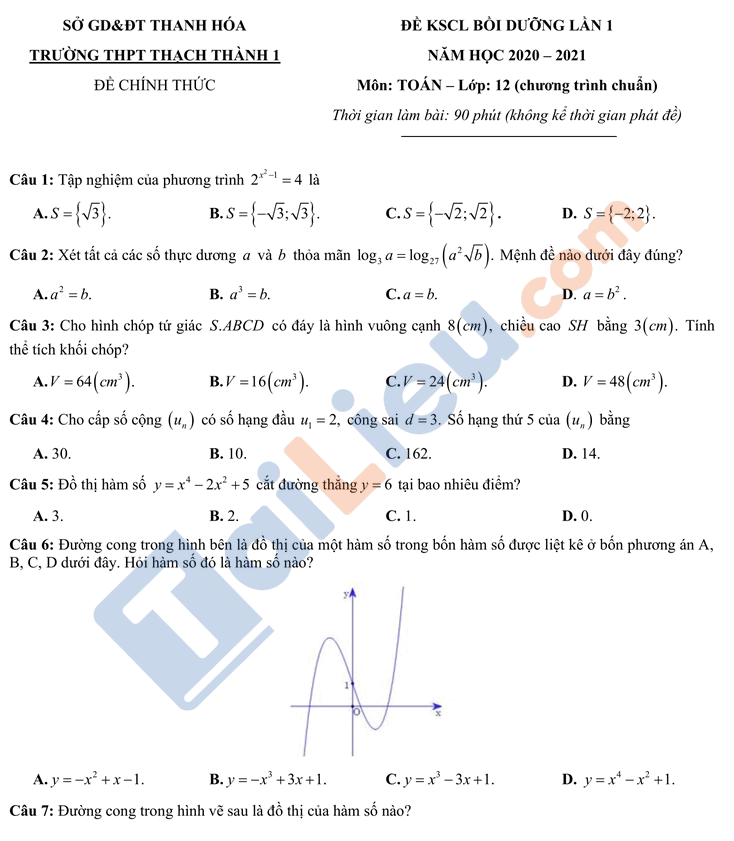 Đề thi KSCL lớp 12 năm 2021 môn Toán THPT Thạch Thành 1_1