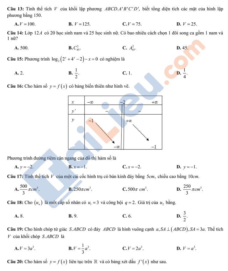 Đề thi KSCL lớp 12 năm 2021 môn Toán THPT Thạch Thành 1_3