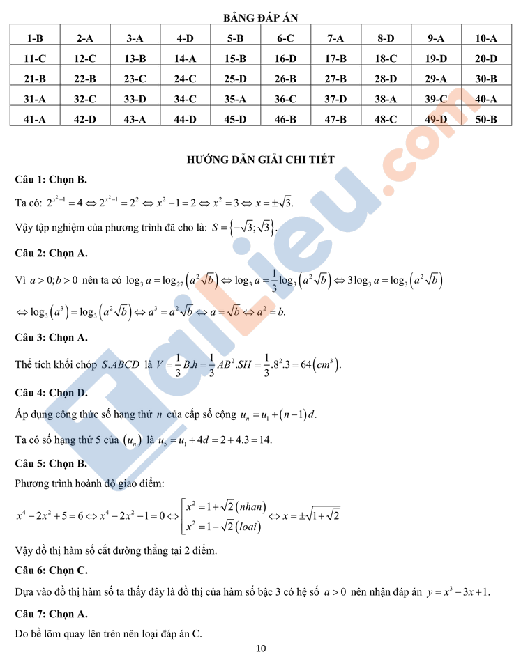 Đáp án Đề thi KSCL lớp 12 năm 2021 môn Toán THPT Thạch Thành 1 Thanh hóa