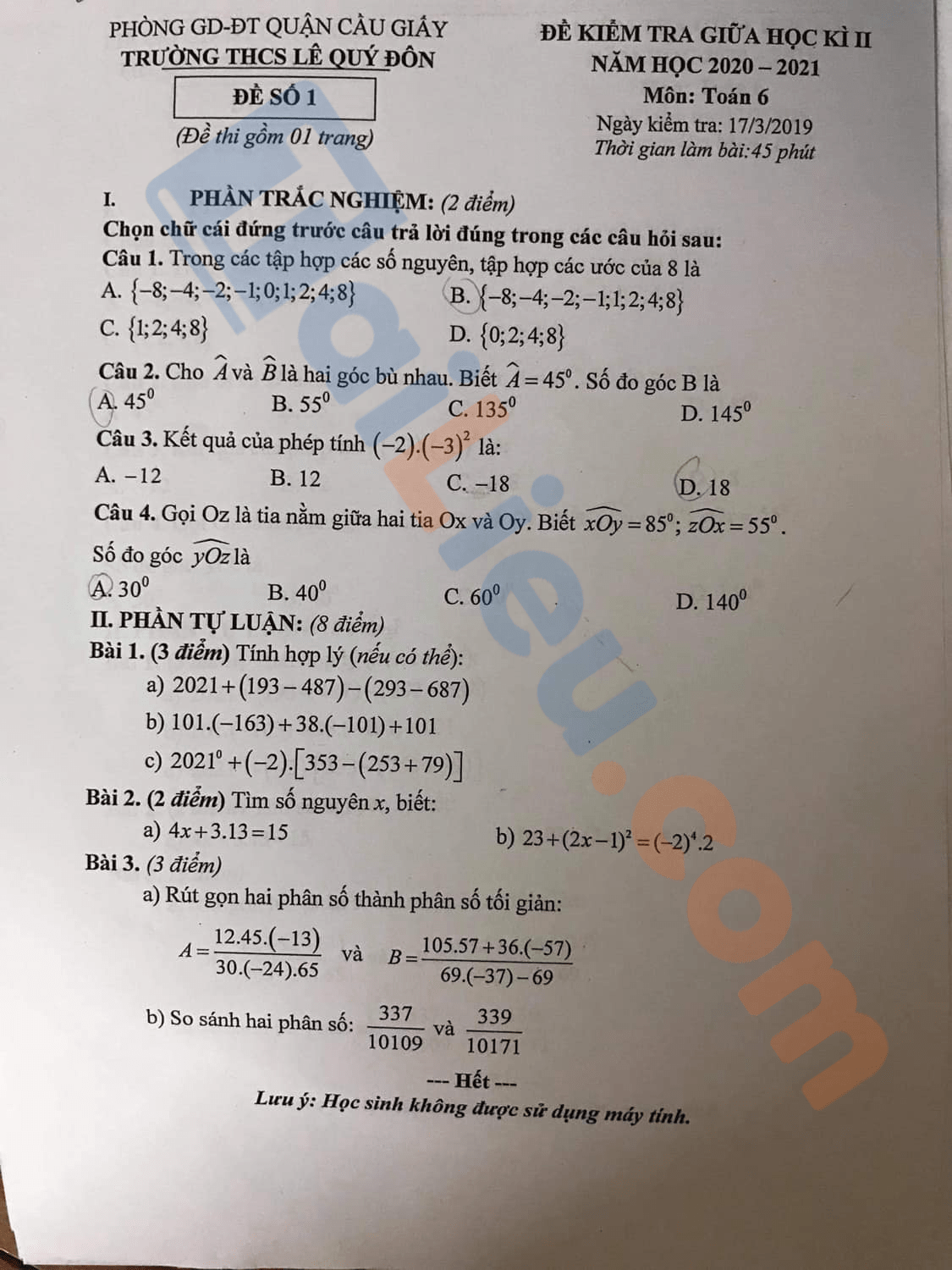 Đề thi toán lớp 6 giữa học kì 2 2021 THCS Lê Quý Đôn - Hà Nội (Số 1)