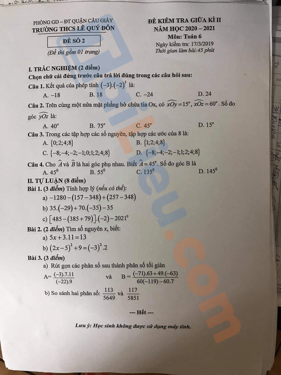 Đề thi toán lớp 6 giữa học kì 2 2021 THCS Lê Quý Đôn - Hà Nội (Đề 2)