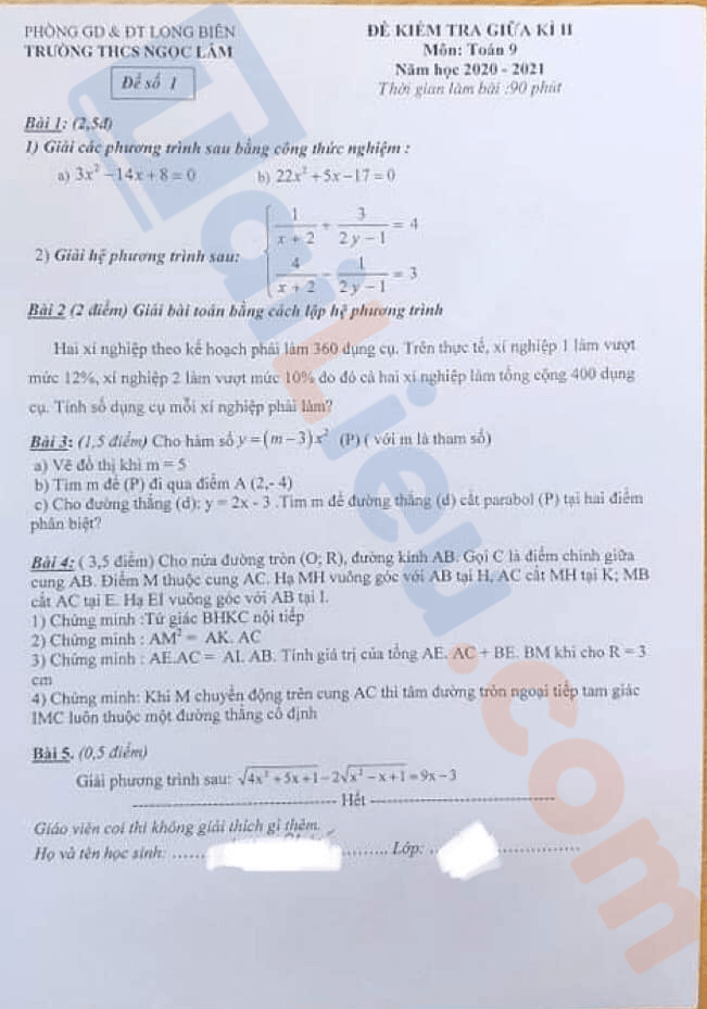Đề thi giữa kì 2 Lớp 9 môn Toán 2021 THCS Ngọc Lâm - Hà Nội (Đề 1)