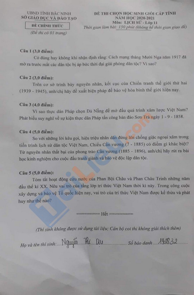 Đề thi HSG Lịch sử 11 Bắc Ninh 2021