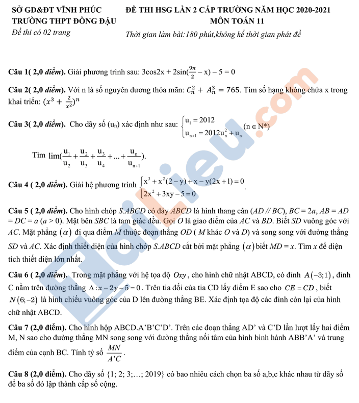 Đề thi HSG Toán 11 năm 2021 cấp trường Đồng Đậu lần 2_1