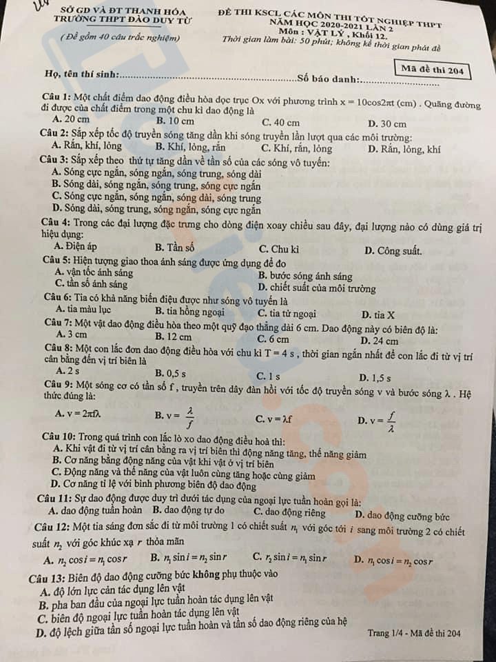 Đề thi thử THPT quốc gia 2021 môn Lý Trường Đào Duy Từ - Thanh Hóa