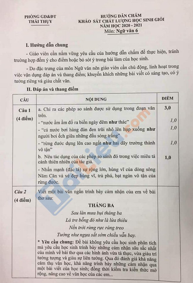 Đáp án đề thi HSG môn Văn lớp 6 huyện Thái Thụy 2021-1