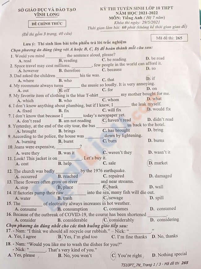 Đề thi tuyển sinh vào lớp 10 môn anh tỉnh Vĩnh Long 2021 mã đề 265-1