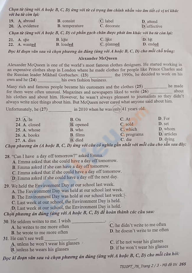 Đề thi tuyển sinh vào lớp 10 môn anh tỉnh Vĩnh Long 2021 mã đề 265-2