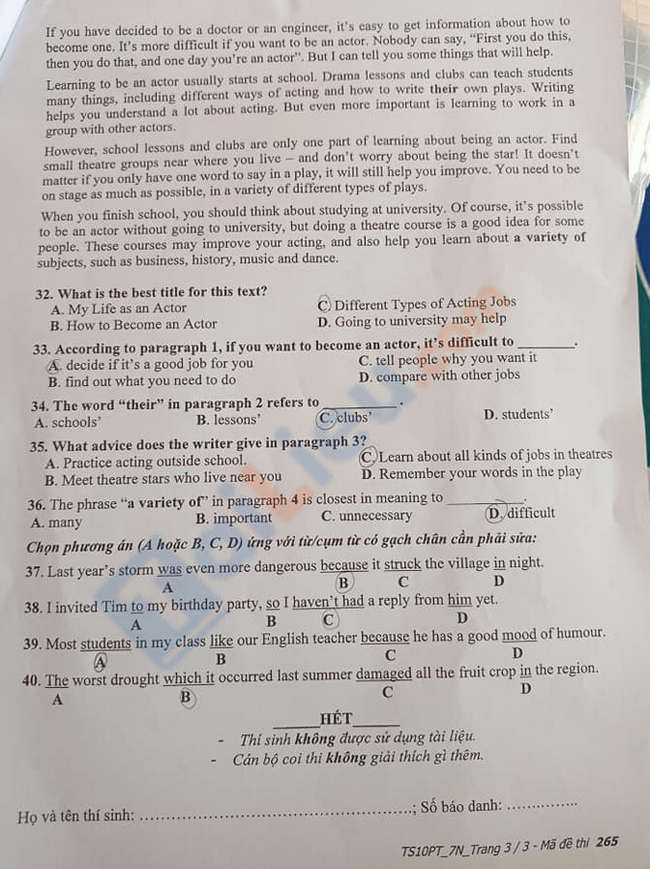 Đề thi tuyển sinh vào lớp 10 môn anh tỉnh Vĩnh Long 2021 mã đề 265-3