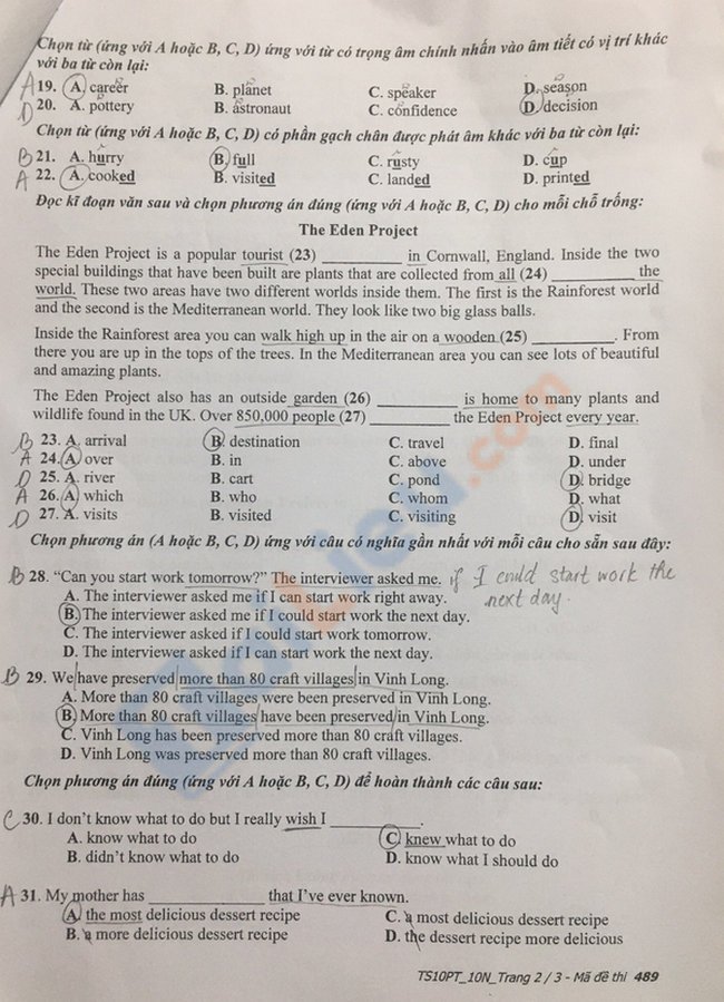 Đề thi tuyển sinh vào lớp 10 môn anh tỉnh Vĩnh Long 2021 mã đề 489-2