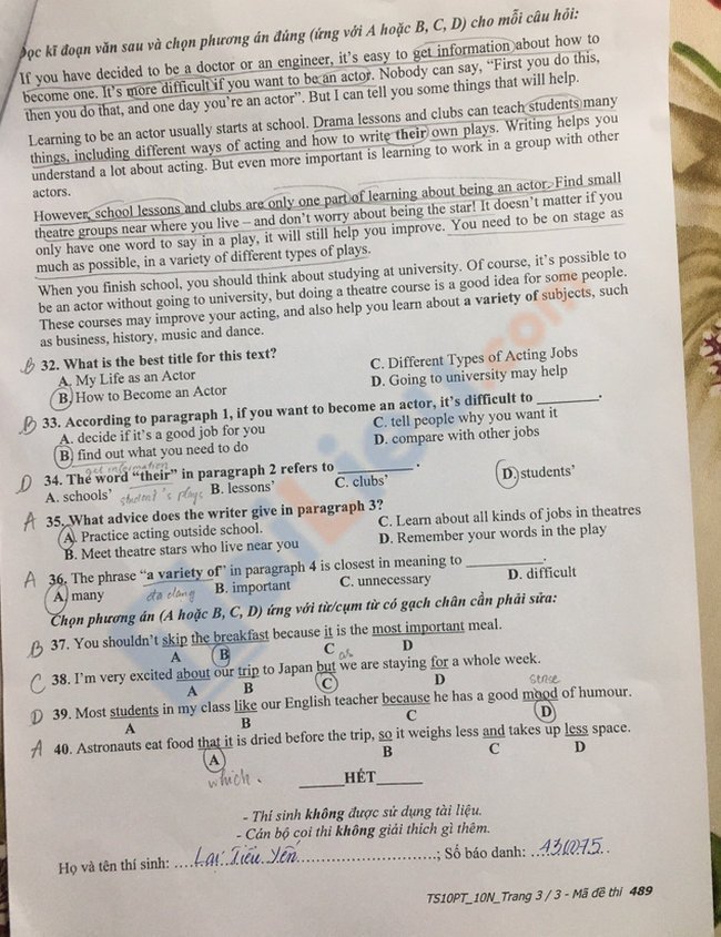 Đề thi tuyển sinh vào lớp 10 môn anh tỉnh Vĩnh Long 2021 mã đề 489-3