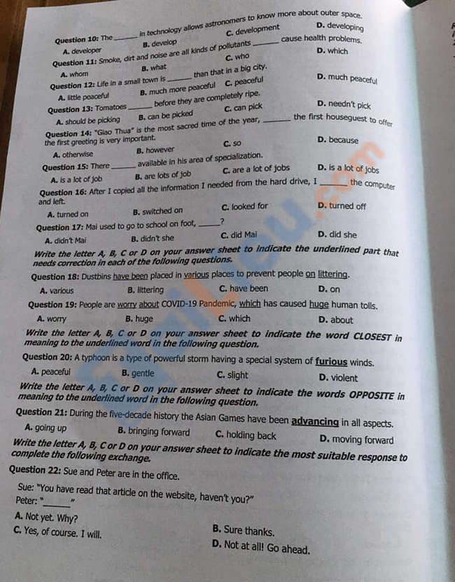 Đề thi tuyển sinh vào lớp 10 môn Anh tỉnh Khánh Hòa 2021 - mã đề 2-2