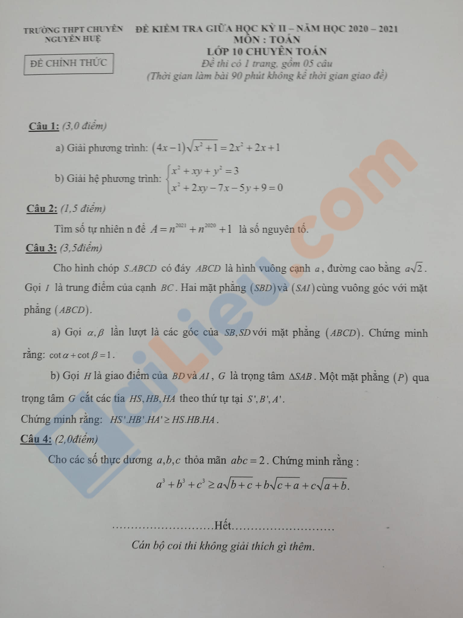 Đề thi giữa học kì 2 lớp 10 Môn Toán 2021 Chuyên Nguyễn Huệ - Hà Nội