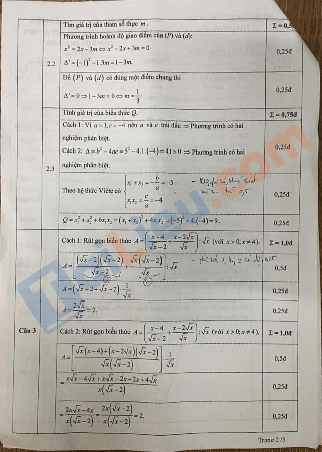 Đáp án chính thức Đề thi tuyển sinh lớp 10 môn Toán 2021 Đồng Nai (Đề chung)