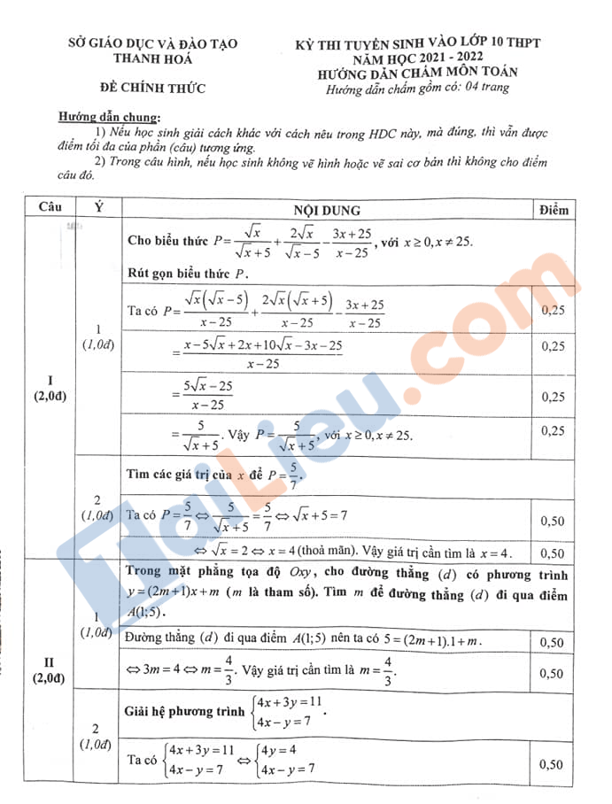 Đáp án Đề thi tuyển sinh lớp 10 môn Toán 2021 Thanh Hóa (Đề chung)