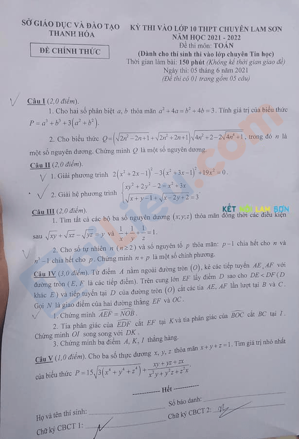 Đề thi tuyển sinh lớp 10 môn Toán 2021 Thanh Hóa (Chuyên Tin)