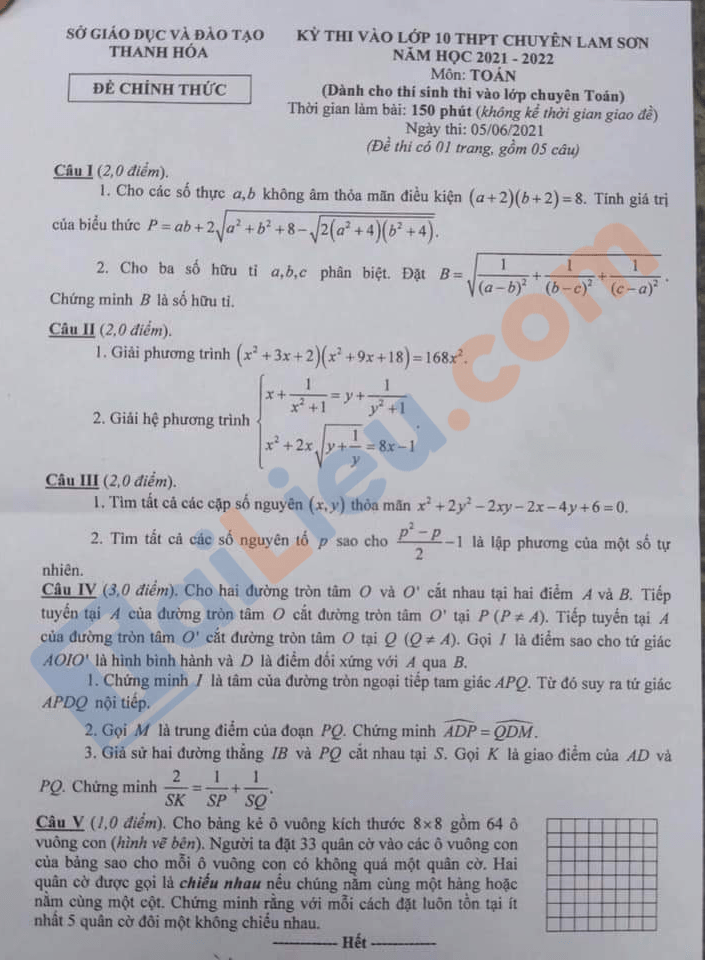 Đề thi tuyển sinh lớp 10 môn Toán 2021 Thanh Hóa (Hệ chuyên)