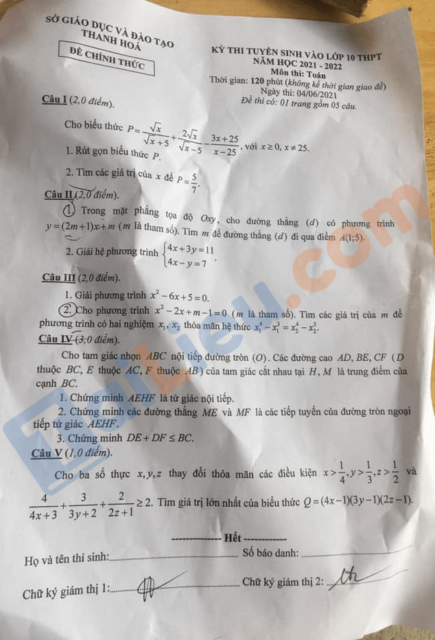 Đề thi tuyển sinh lớp 10 môn Toán 2021 Thanh Hóa có đáp án