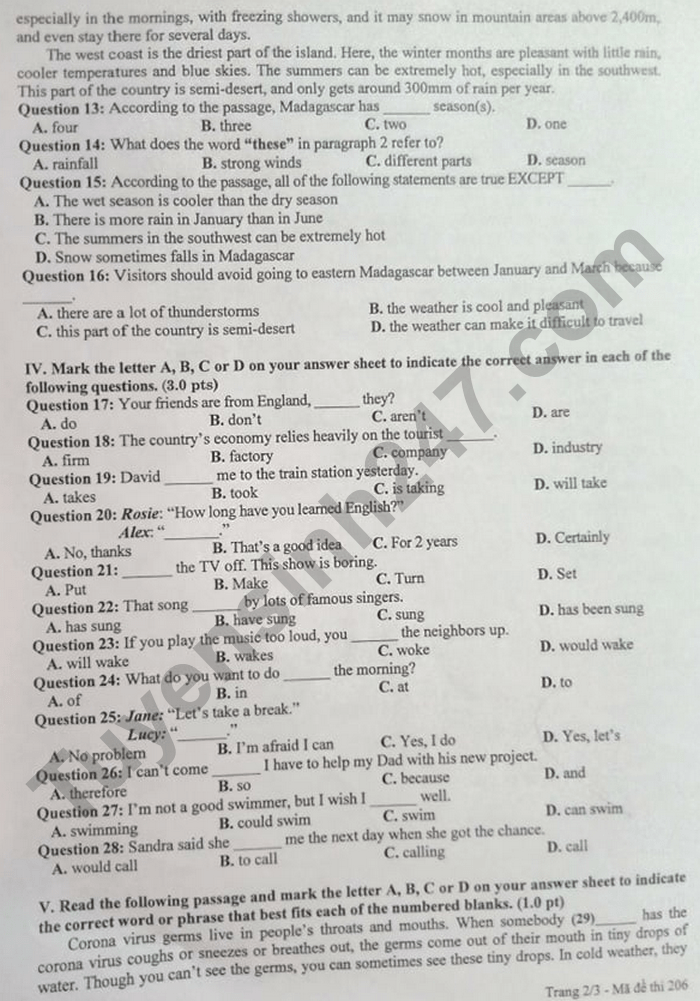 Đề thi vào lớp 10 môn Anh tỉnh Bắc Giang 2021 - Mã đề 206-2