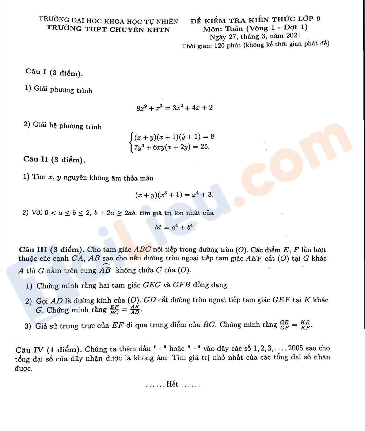 Đề thi thử vào lớp 10 môn Toán 2021 THPT Chuyên KHTN - Hà Nội (Đợt 1)