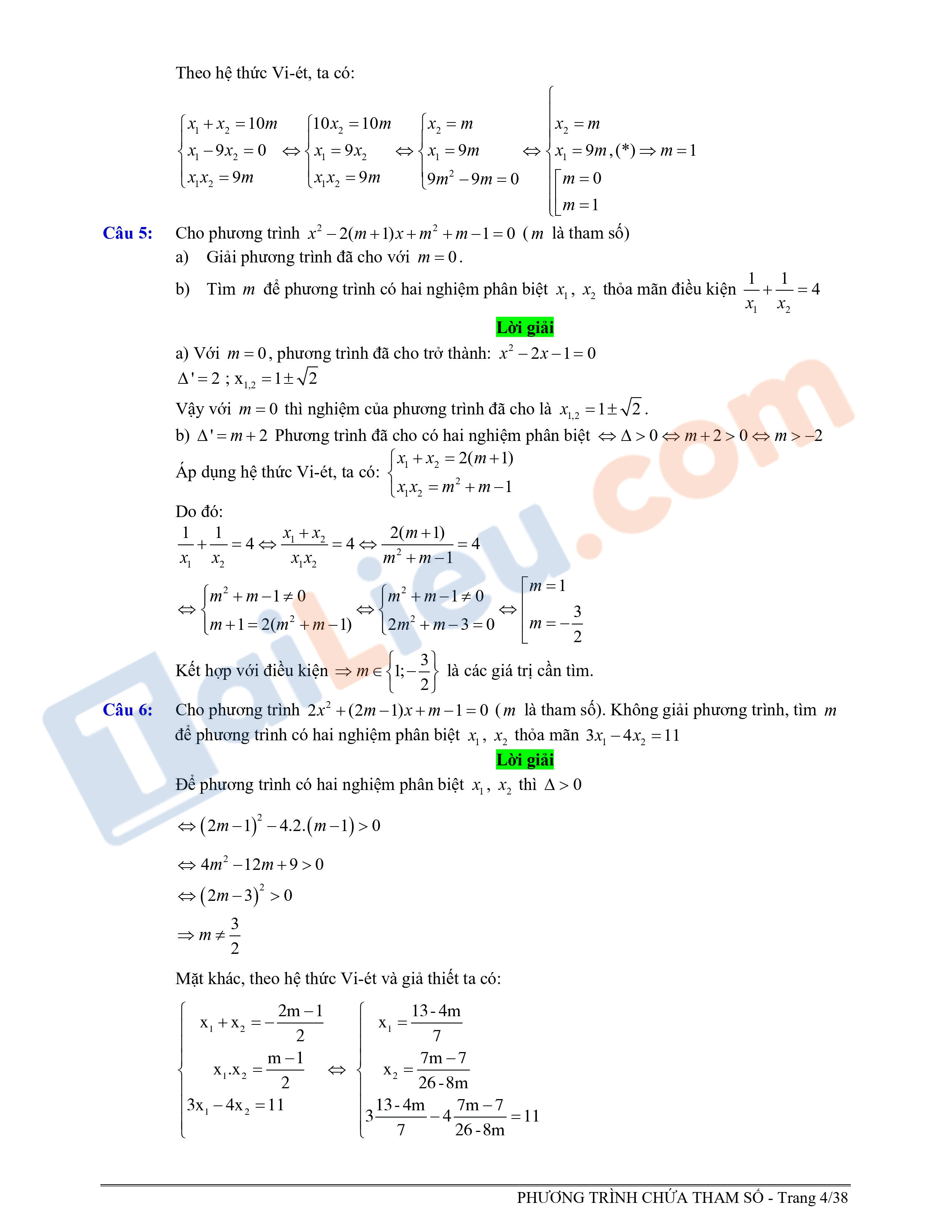77 Bài Toán giải phương trình bậc 2 chứa tham số m | Hay nhất