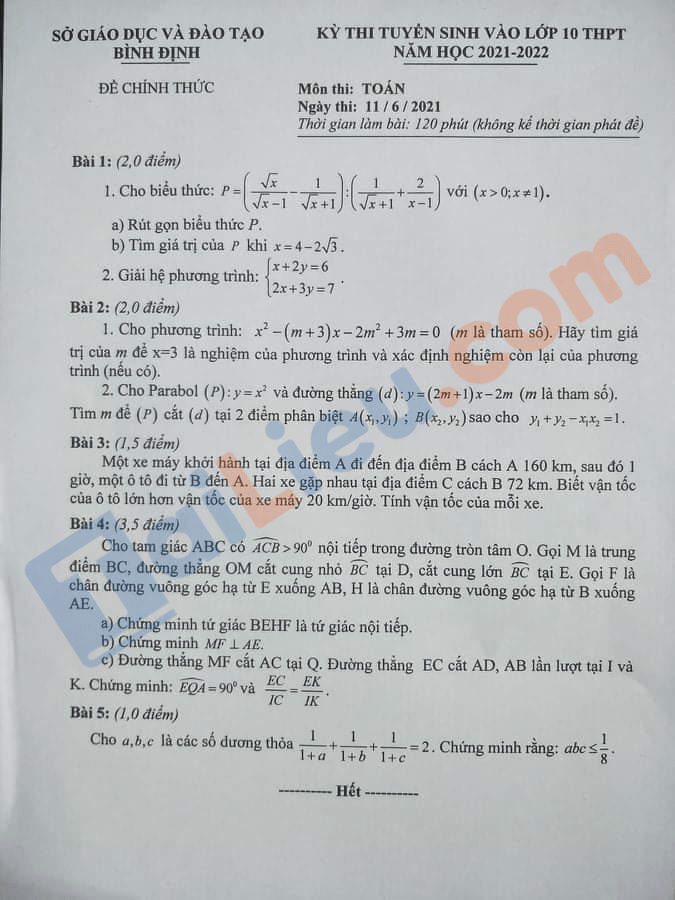 Đề thi tuyển sinh lớp 10 môn Toán 2021 Bình Định (Đề chung)