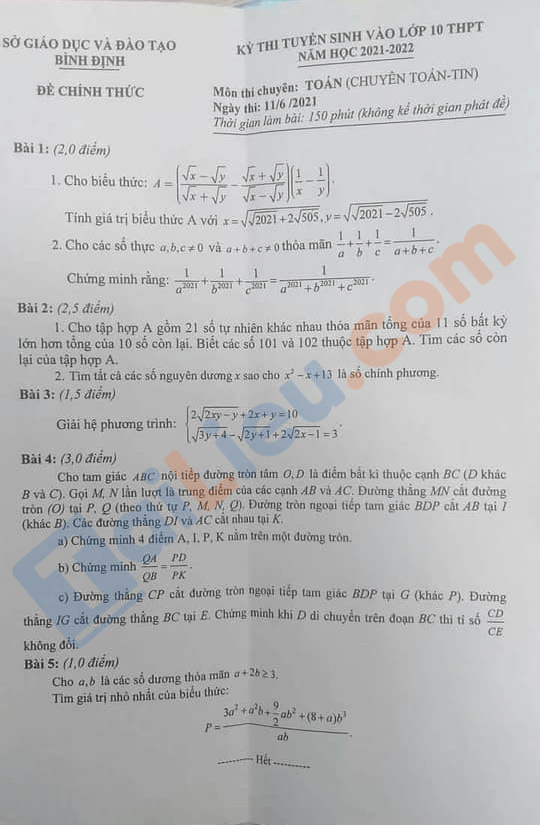 Đề thi tuyển sinh lớp 10 môn Toán 2021 Bình Định - Đề chuyên