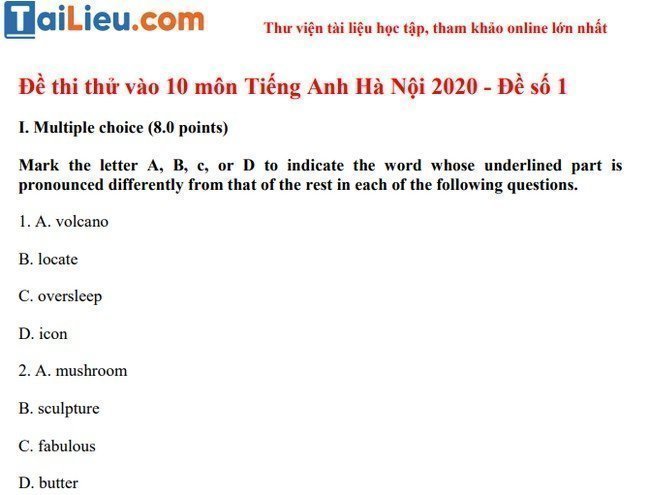 Đề thi thử vào 10 Tiếng Anh Hà Nội 2020 - Đề số 1-1