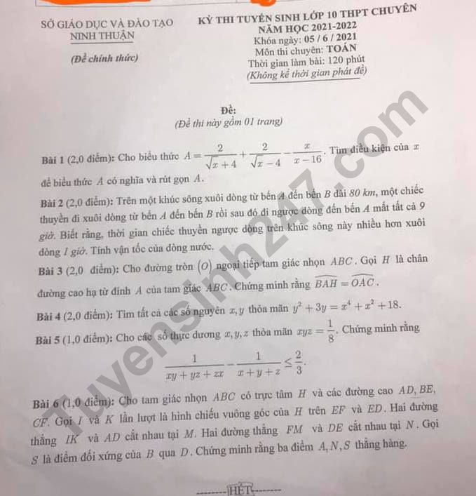 Đề thi tuyển sinh lớp 10 môn Toán 2021 Ninh Thuận (Hệ chuyên)