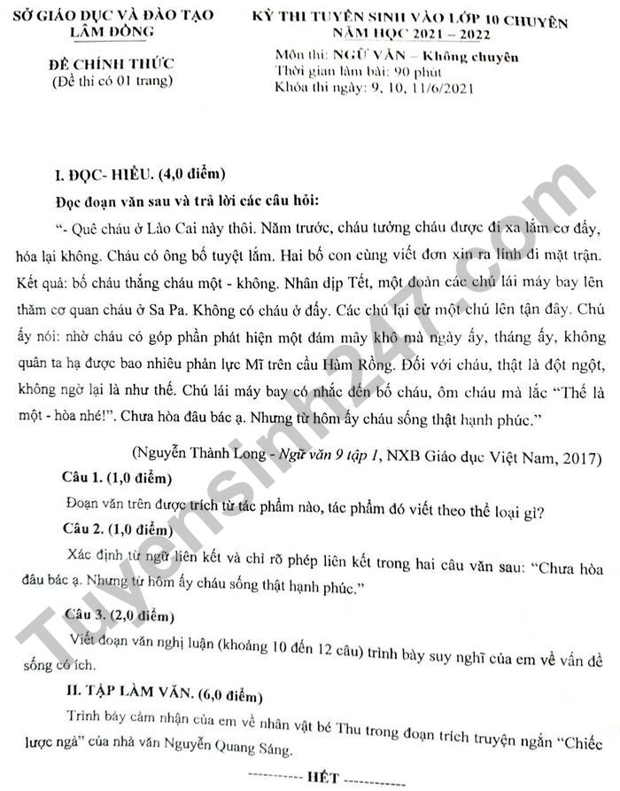 Đề thi vào lớp 10 môn văn chuyên tỉnh Lâm Đồng 2021