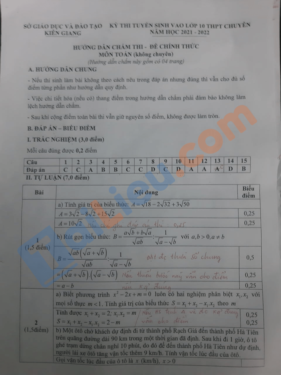 Đáp án Đề thi tuyển sinh lớp 10 môn Toán 2021 của sở GD Kiên Giang