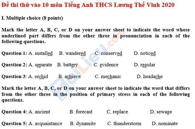 Đề thi thử vào 10 môn Anh THCS Lương Thế Vinh 2020