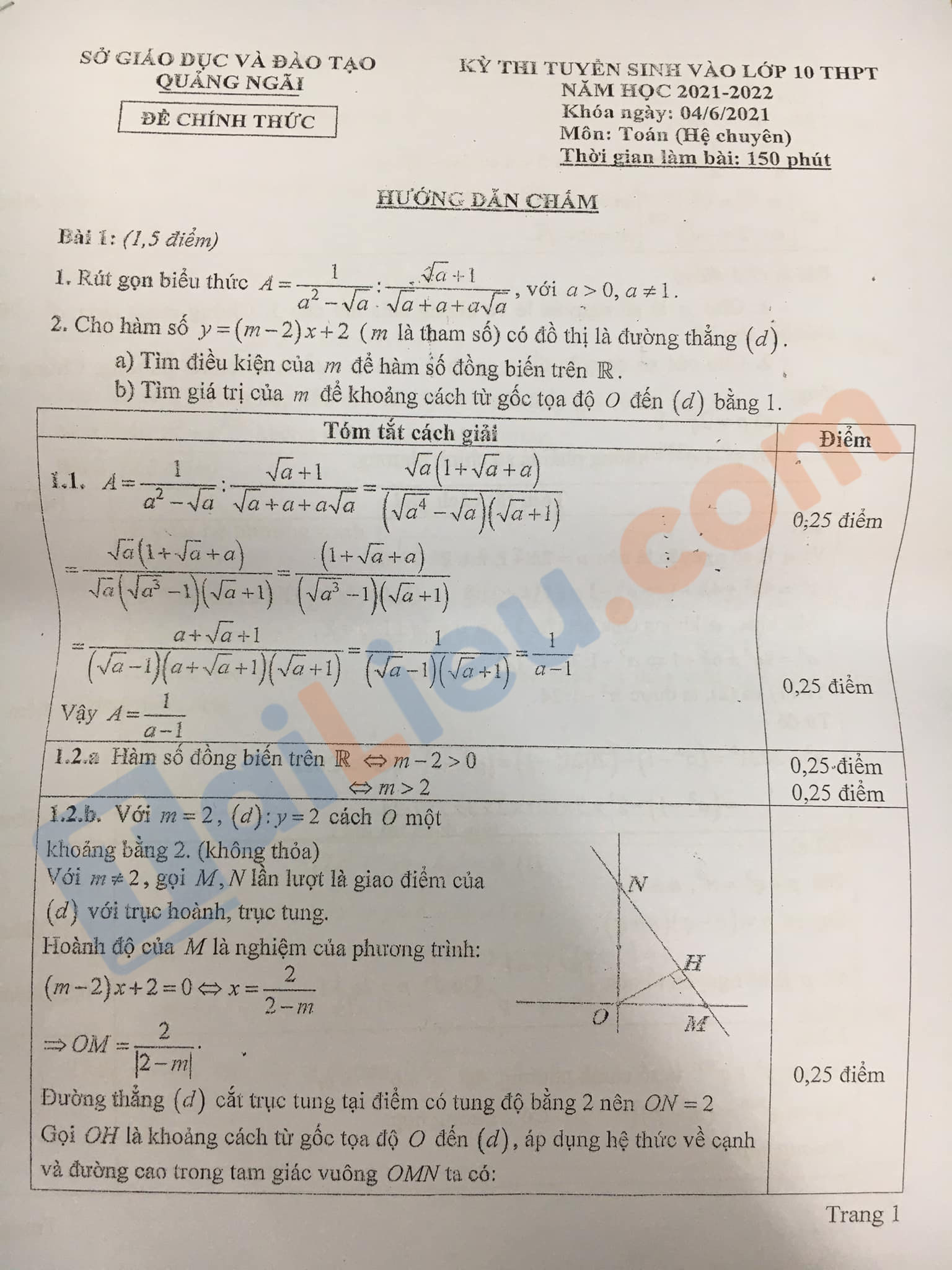 Đáp án Đề thi tuyển sinh lớp 10 môn Toán 2021 Quảng Ngãi (Đề chuyên)