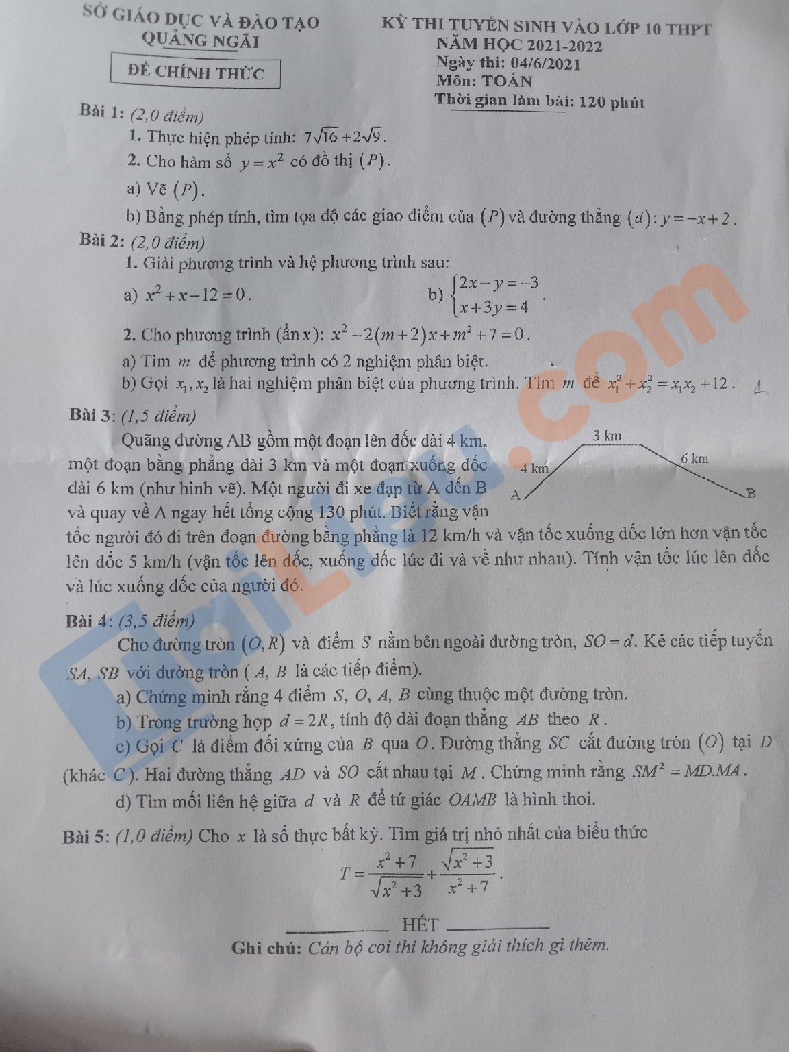 Đề thi tuyển sinh lớp 10 môn Toán 2021 Quảng Ngãi