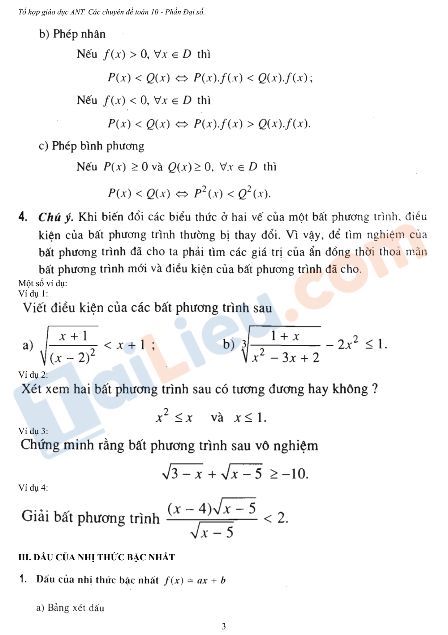 Chuyên đề bất đẳng thức, bất phương trình Lớp 10 (Lý thuyết + Bài tập)