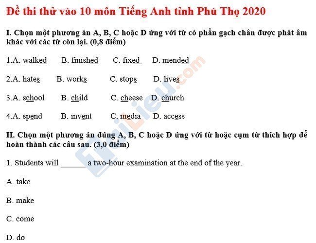 Đề thi thử vào lớp 10 môn Anh tỉnh Phú Thọ 2020-1