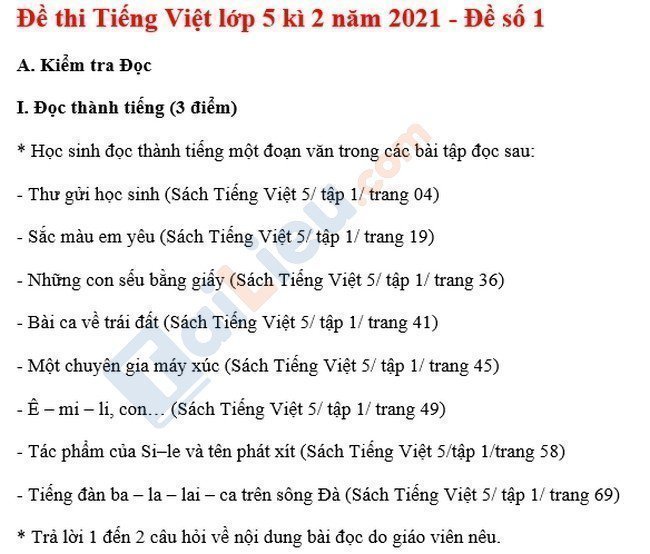 Đề thi học kì 2 môn Tiếng Việt lớp 5 2021 - Đề số 1-1