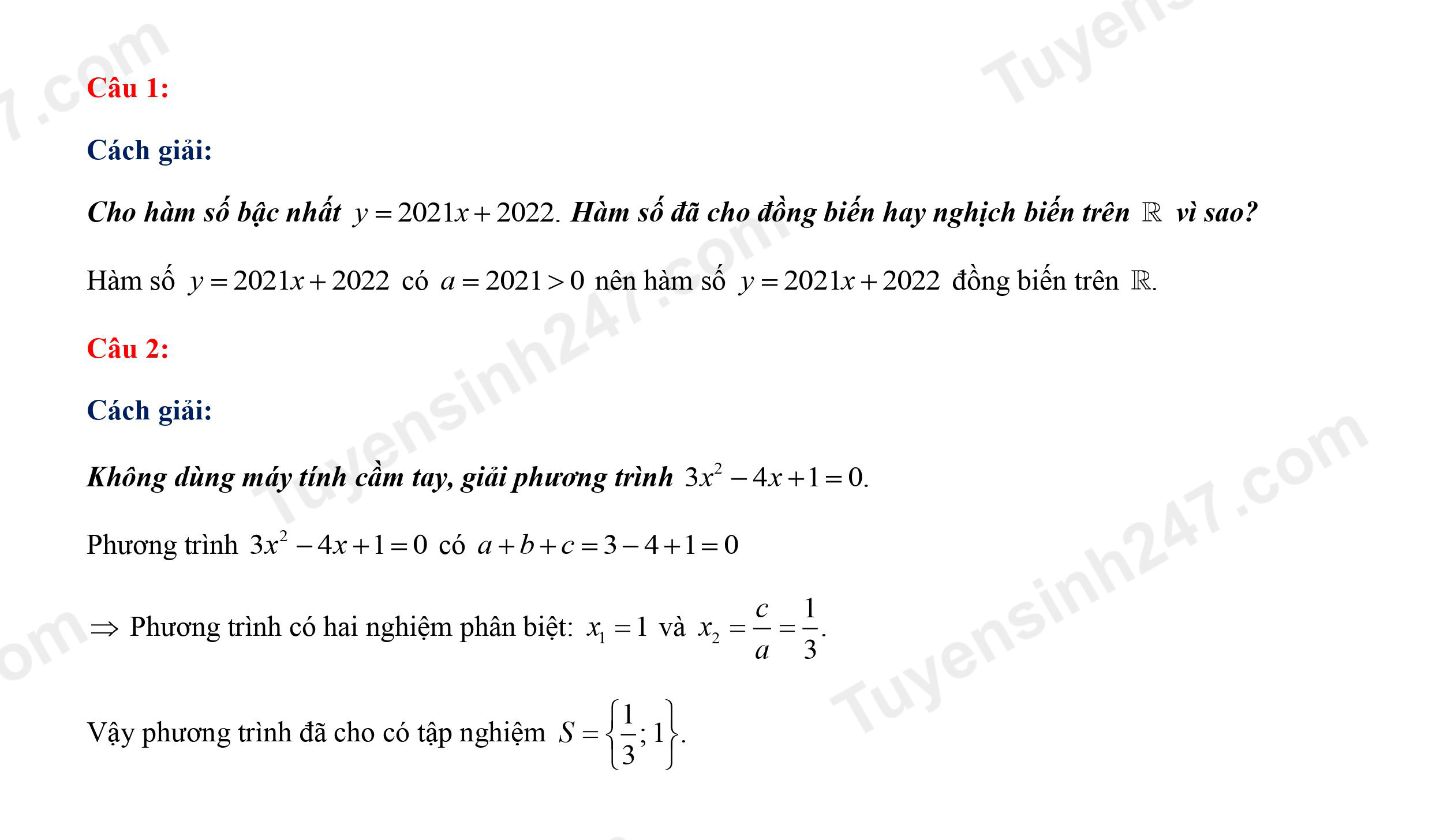 Đáp án Đề thi tuyển sinh lớp 10 môn Toán 2021 Thái Nguyên (Câu 1, 2) - Đề chung