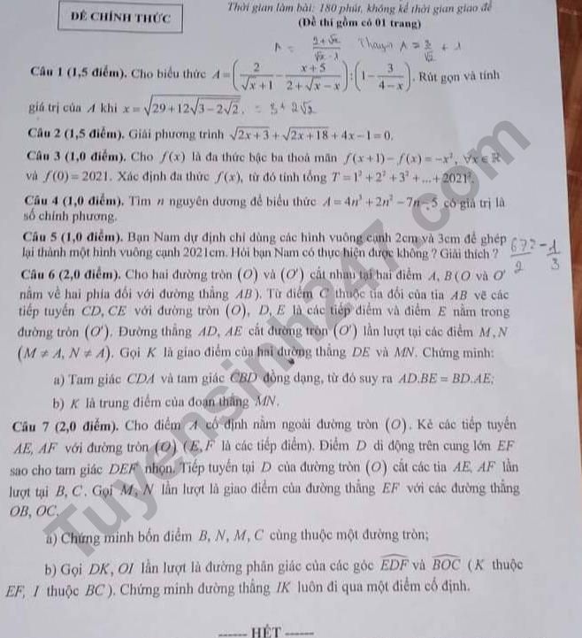 Đề thi vào 10 môn Toán năm 2021 Tỉnh Thái Nguyên (Đề chuyên)